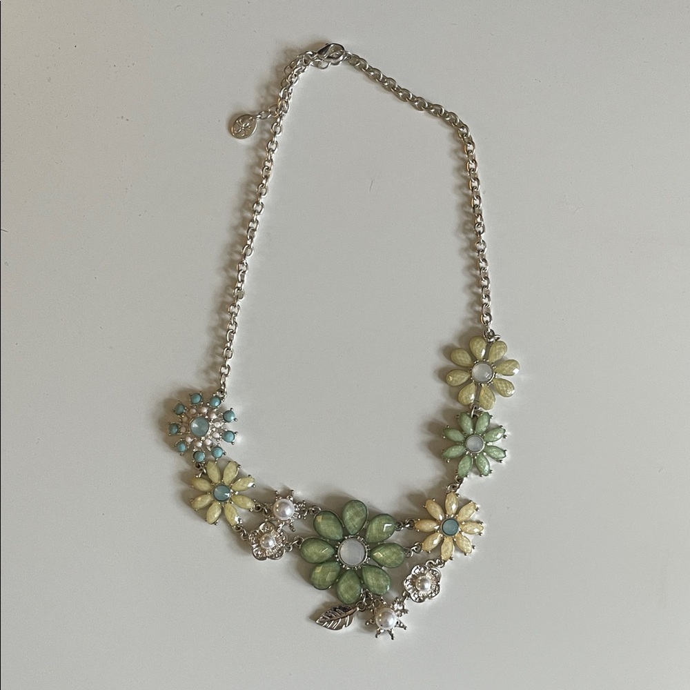 Floral Silver Necklace with Green and Yellow Accents